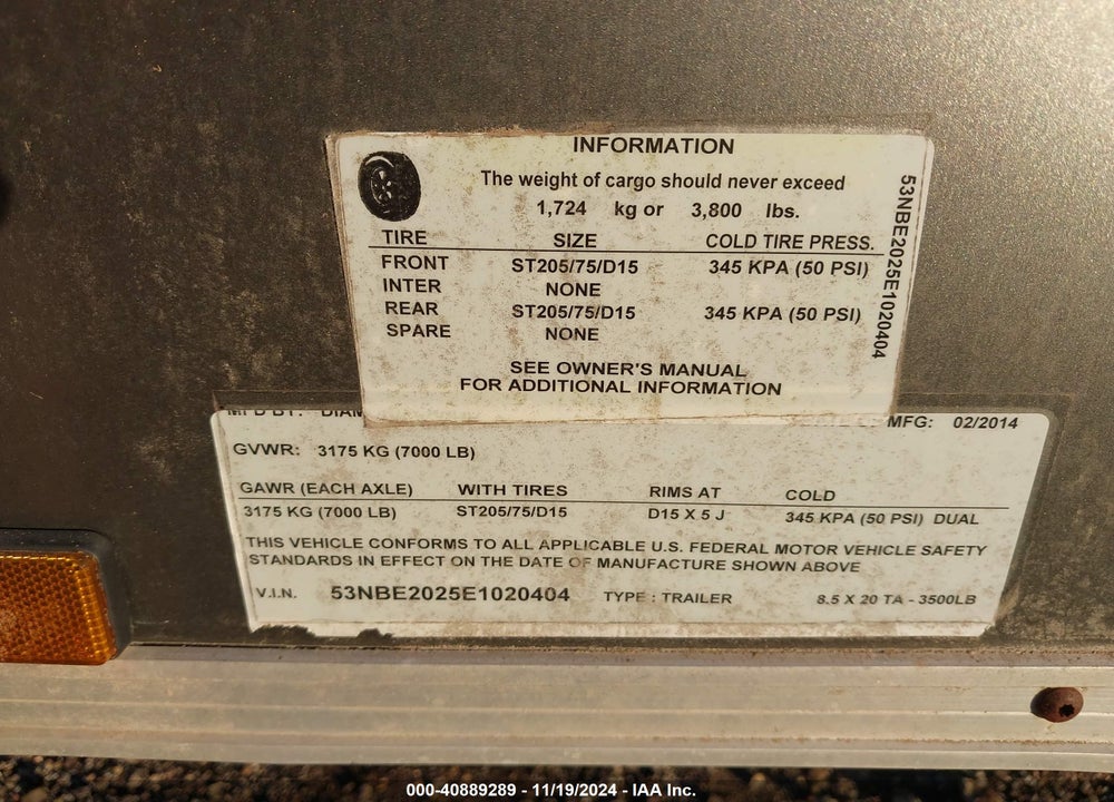 2014 DIAC CARGO VIN: 53NBE2025E1020404