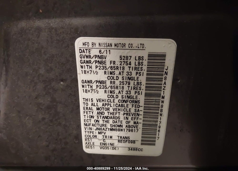2011 NISSAN MURANO SL VIN: JN8AZ1MW8BW179617