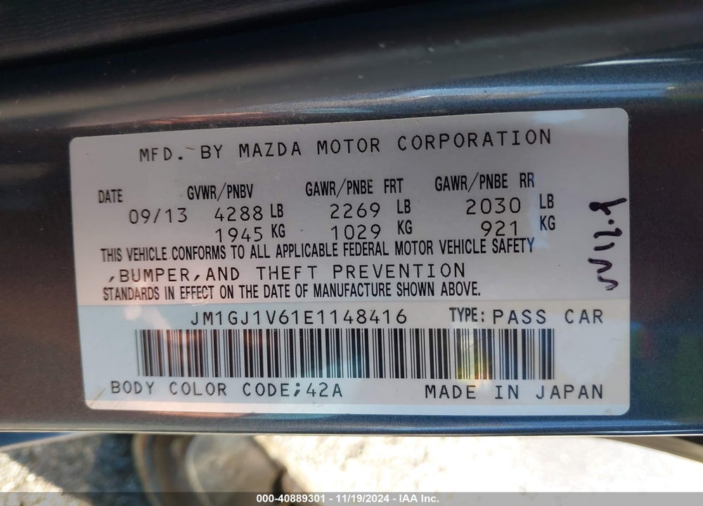 2014 MAZDA 6 I TOURING VIN: JM1GJ1V61E1148416
