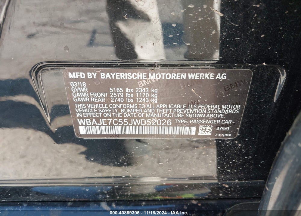 2018 BMW 540I VIN: WBAJE7C55JWD52026