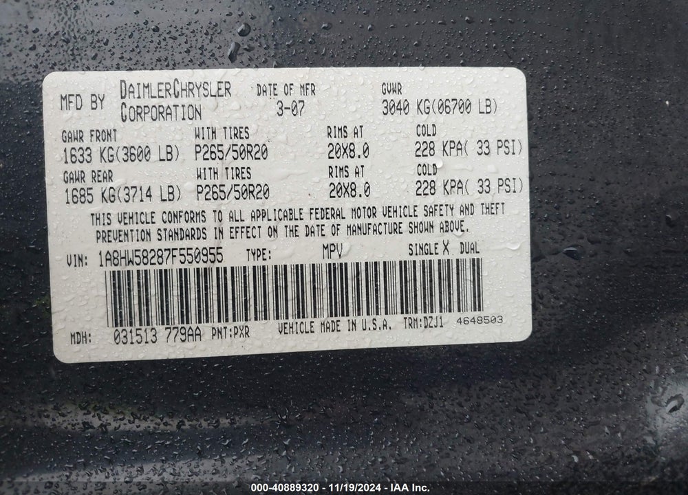 2007 CHRYSLER ASPEN LIMITED VIN: 1A8HW58287F550955