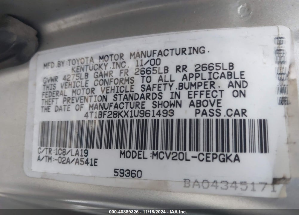 2001 TOYOTA CAMRY XLE V6 VIN: 4T1BF28KX1U961493