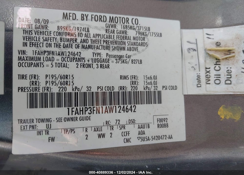 2010 FORD FOCUS SE VIN: 1FAHP3FN1AW124642
