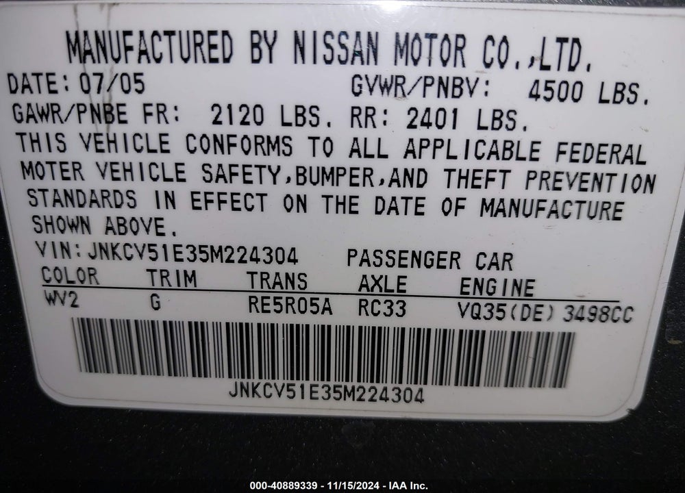 2005 INFINITI G35 VIN: JNKCV51E35M224304