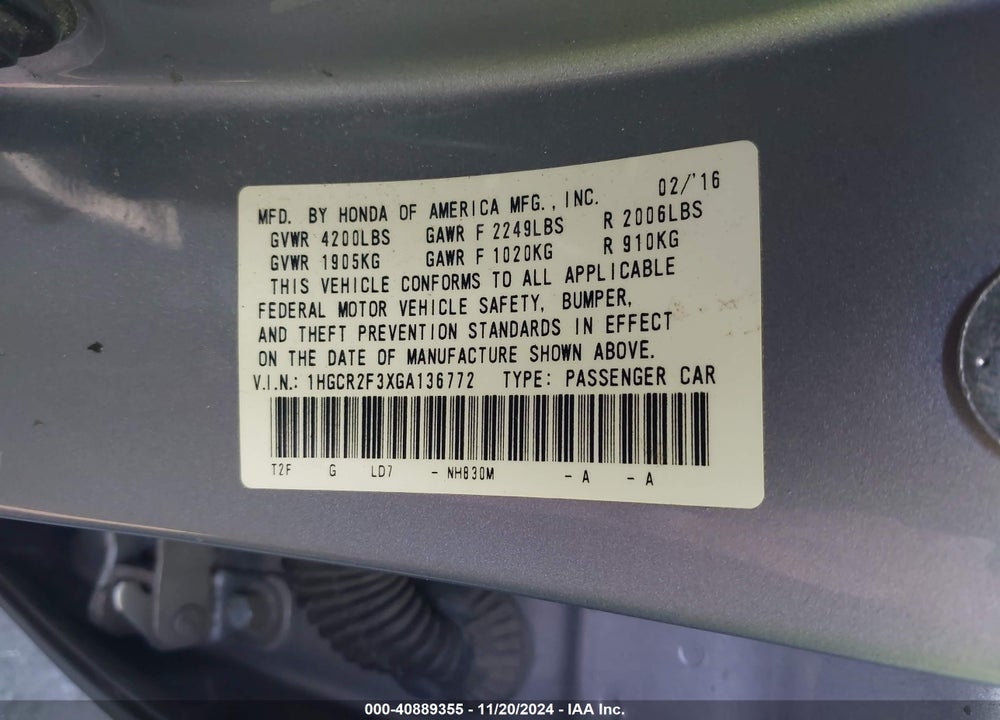 2016 HONDA ACCORD LX VIN: 1HGCR2F3XGA136772
