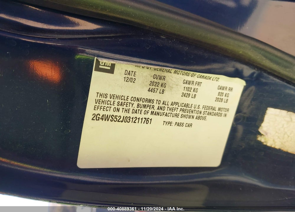 2003 BUICK CENTURY CUSTOM VIN: 2G4WS52J031211761