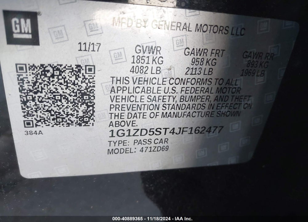 2018 CHEVROLET MALIBU LT VIN: 1G1ZD5ST4JF162477