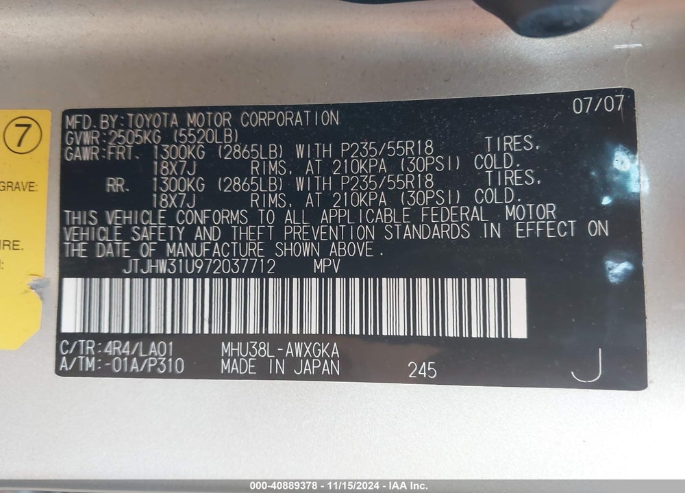 2007 LEXUS RX 400H VIN: JTJHW31U972037712