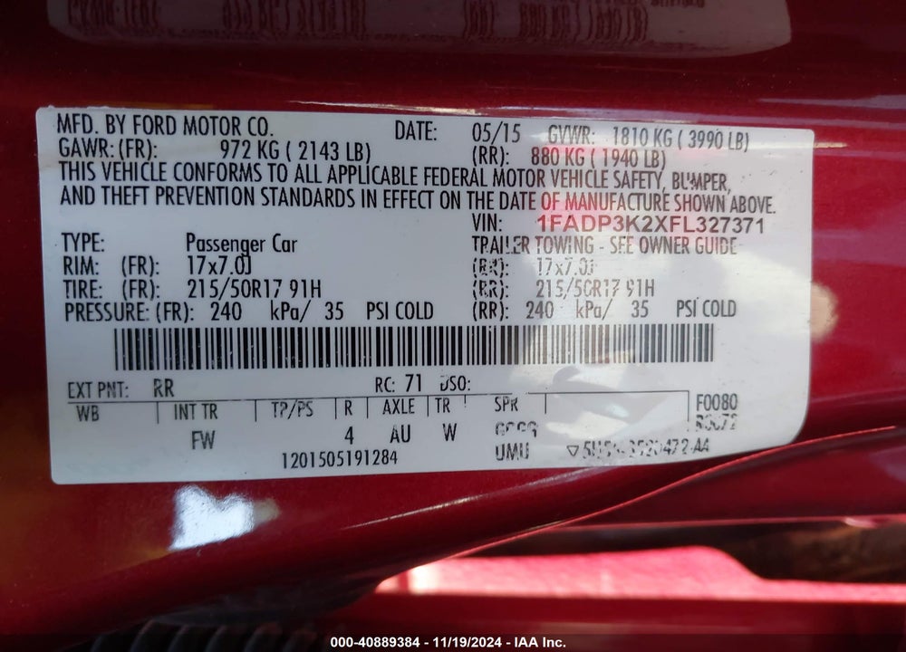 2015 FORD FOCUS VIN: 1FADP3K2XFL327371