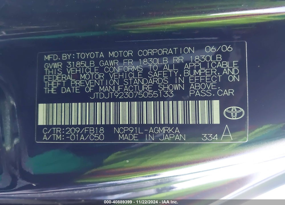 2007 TOYOTA YARIS VIN: JTDJT923075055133