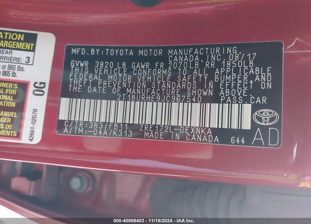 2018 TOYOTA COROLLA LE VIN: 2T1BURHE9JC967540