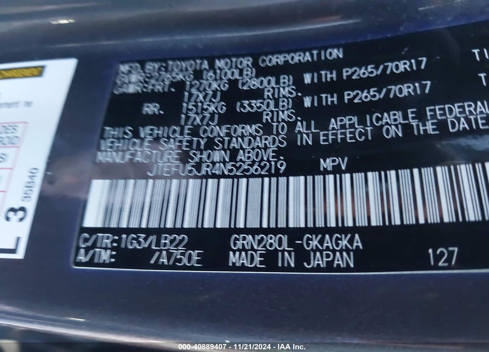 2022 TOYOTA 4RUNNER VIN: JTEFU5JR4N5256219