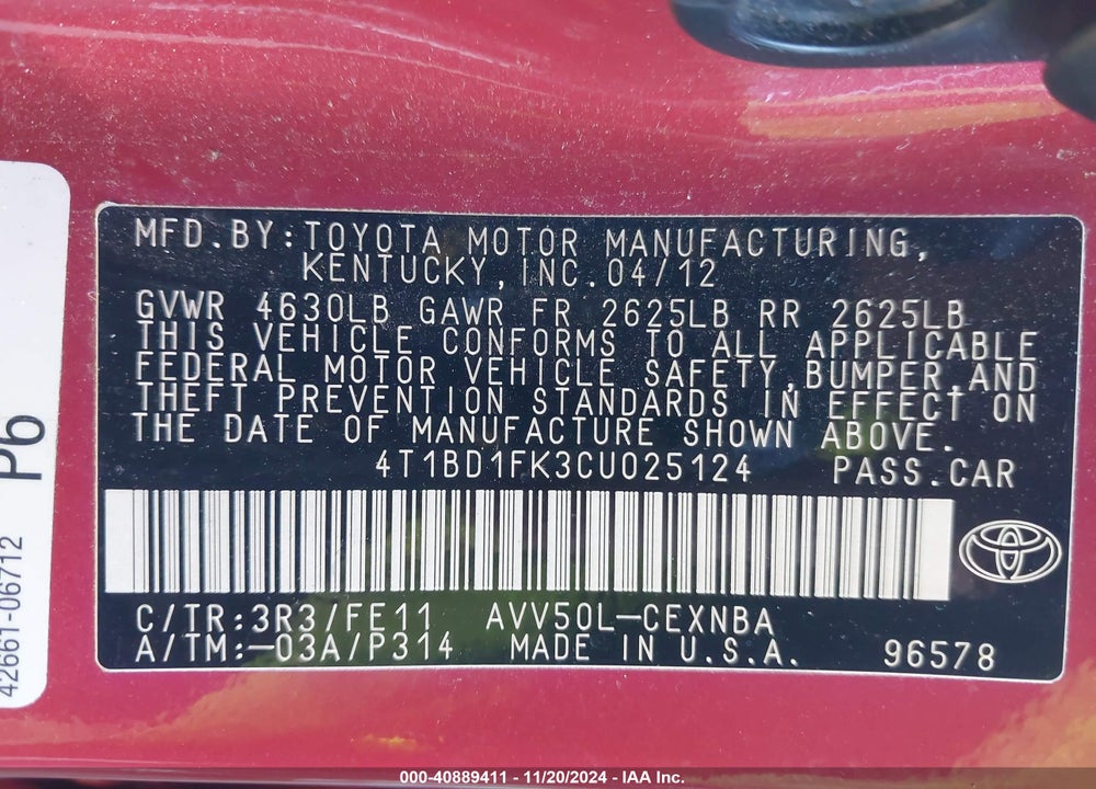 2012 TOYOTA CAMRY HYBRID LE VIN: 4T1BD1FK3CU025124