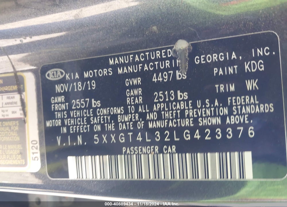 2020 KIA OPTIMA VIN: 5XXGT4L32LG423376