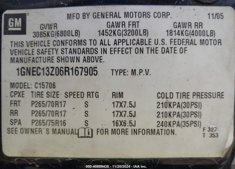 2006 CHEVROLET TAHOE Z71 VIN: 1GNEC13Z06R167905