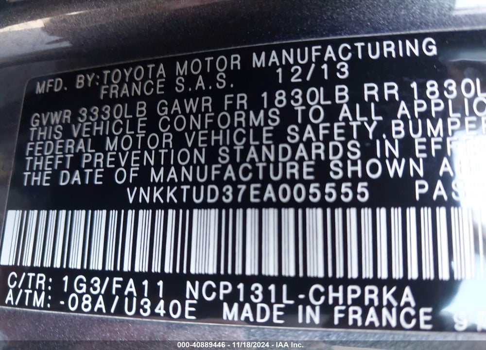 2014 TOYOTA YARIS L (TMMF PLANT) VIN: VNKKTUD37EA005555