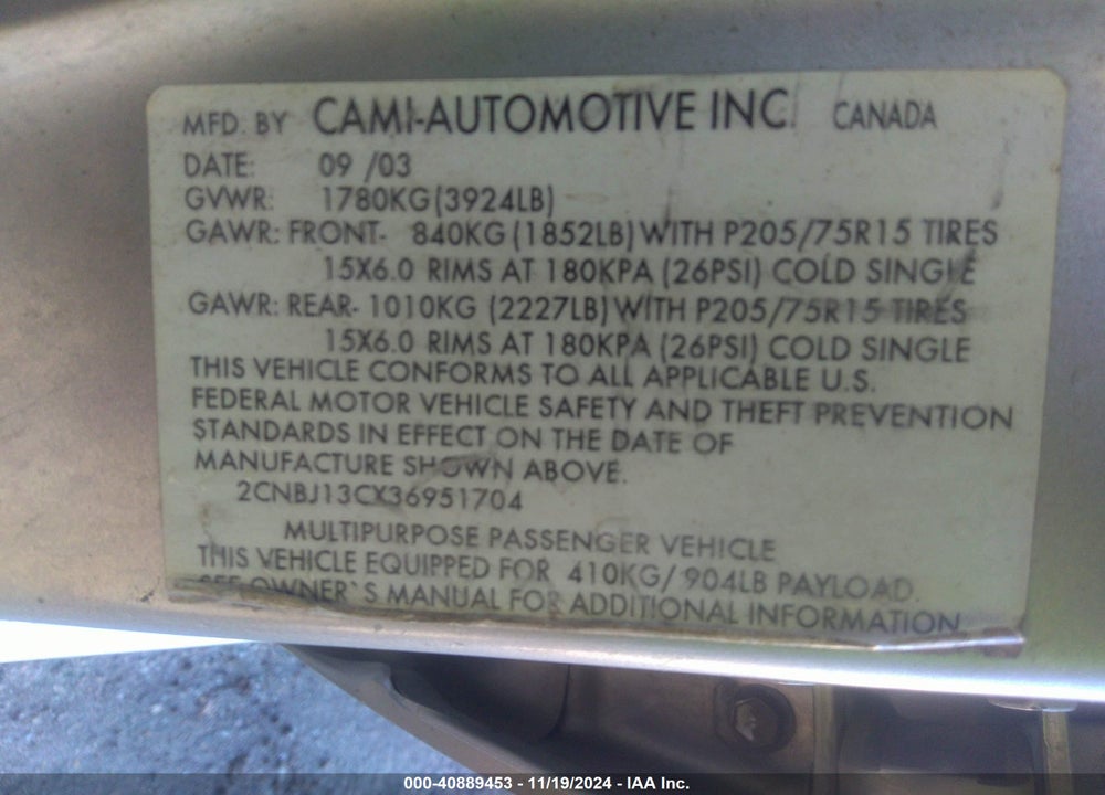 2003 CHEVROLET TRACKER HARD TOP BASE VIN: 2CNBJ13CX36951704