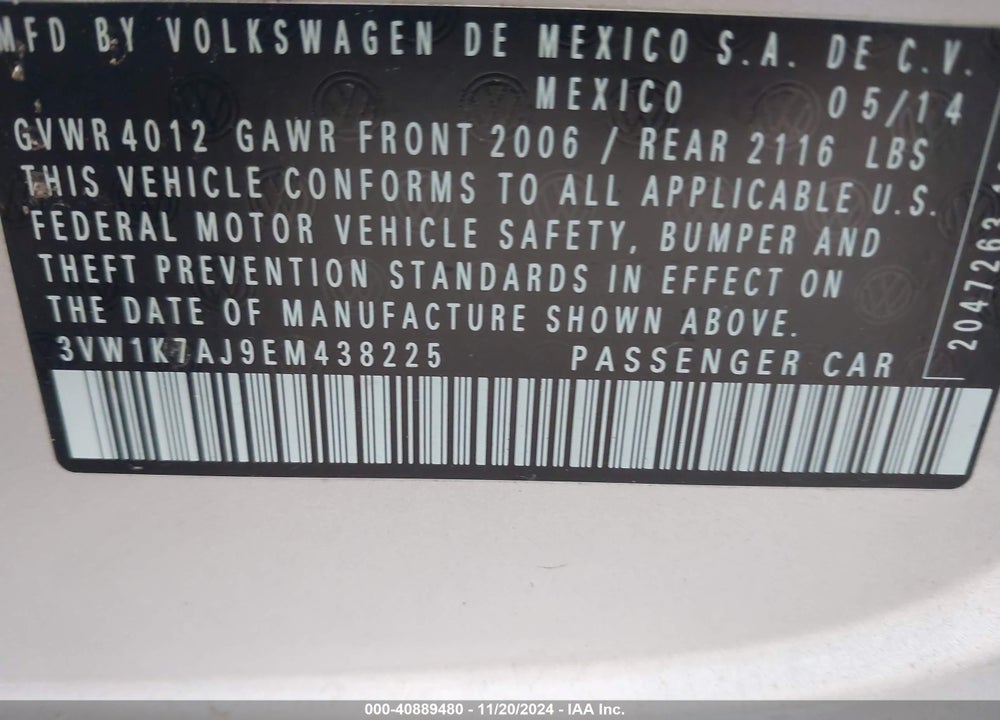 2014 VOLKSWAGEN JETTA 2.0L S VIN: 3VW1K7AJ9EM438225