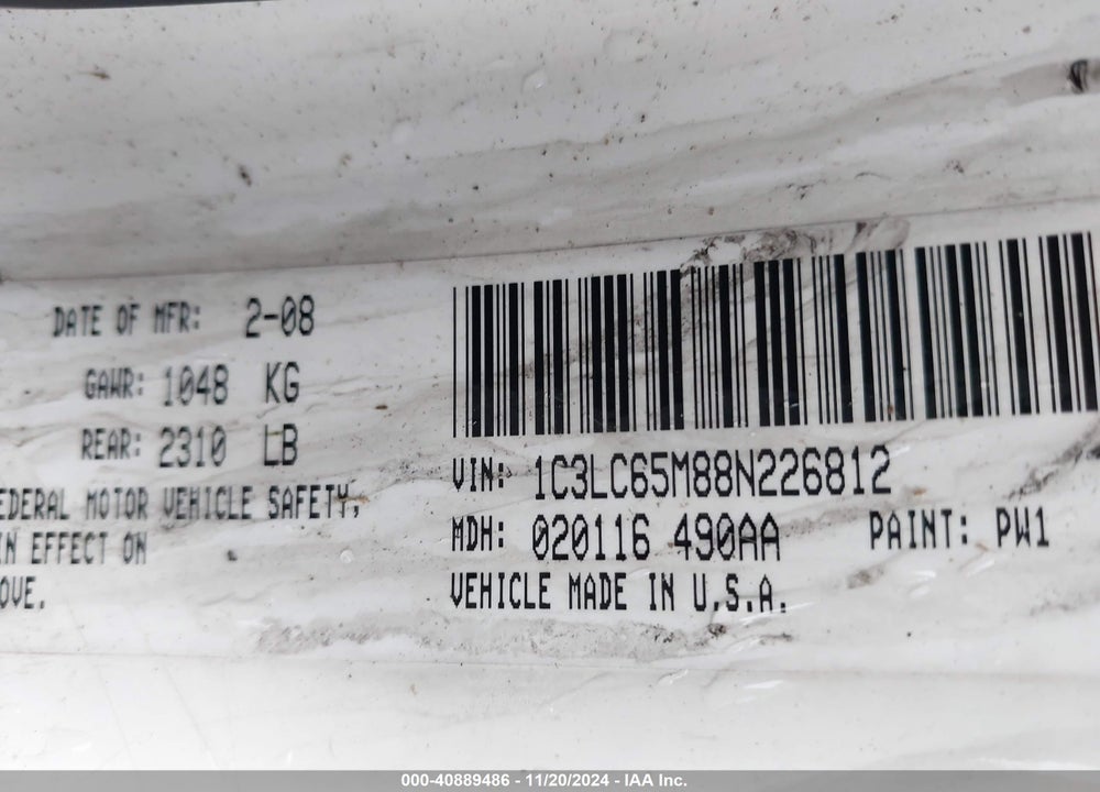 2008 CHRYSLER SEBRING LIMITED VIN: 1C3LC65M88N226812
