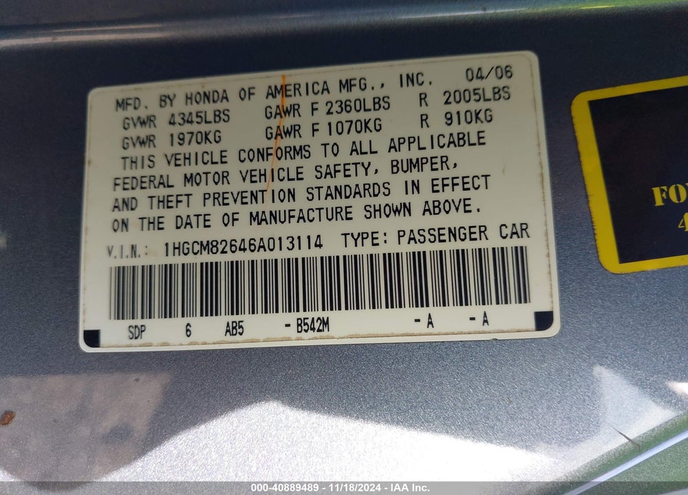 2006 HONDA ACCORD 3.0 EX VIN: 1HGCM82646A013114