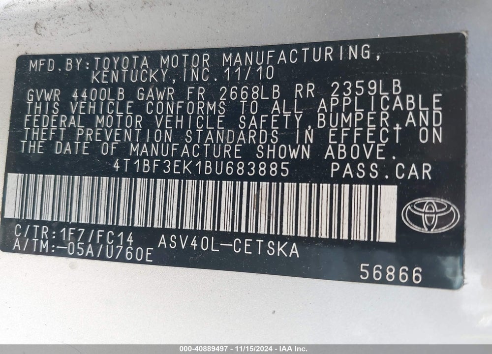 2011 TOYOTA CAMRY SE VIN: 4T1BF3EK1BU683885