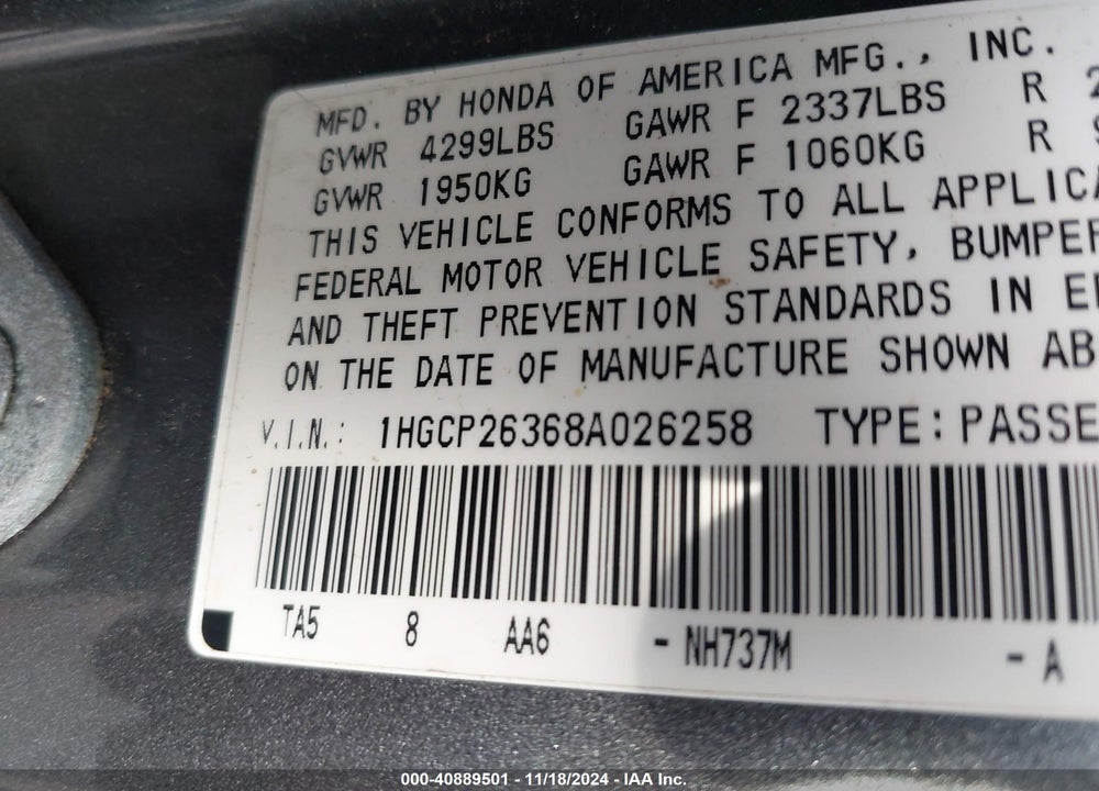 2008 HONDA ACCORD 2.4 LX VIN: 1HGCP26368A026258