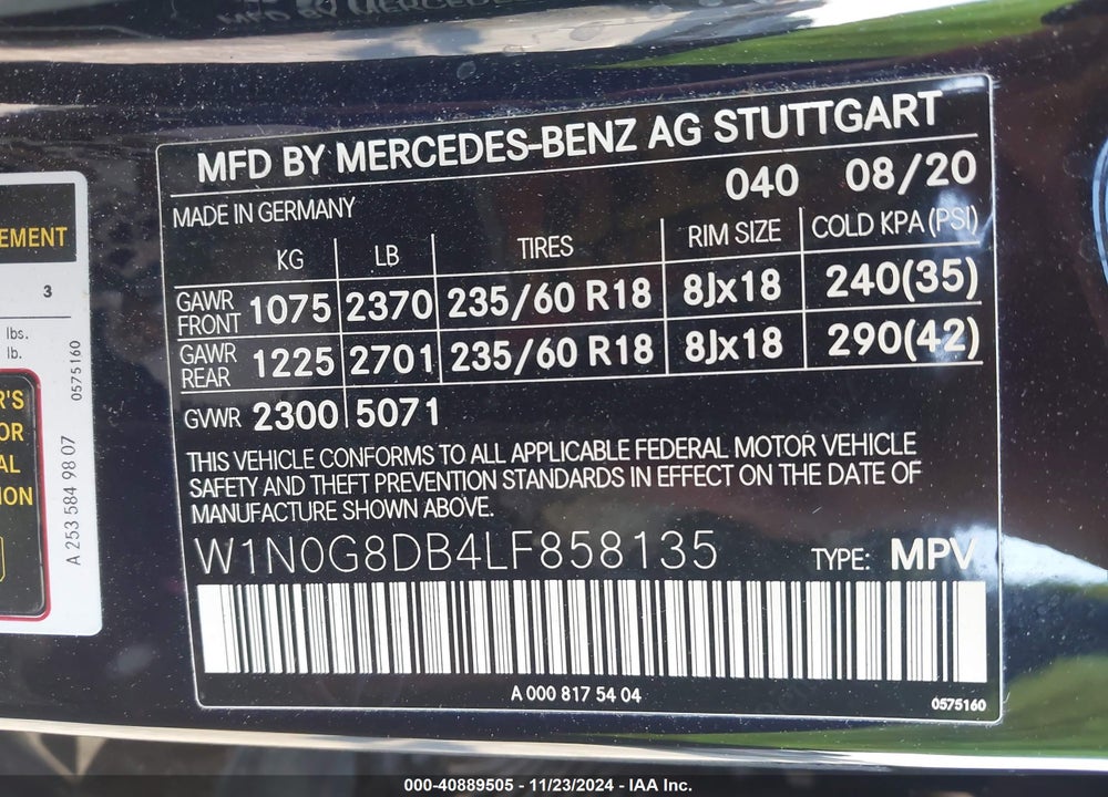 2020 MERCEDES-BENZ GLC 300 VIN: W1N0G8DB4LF858135
