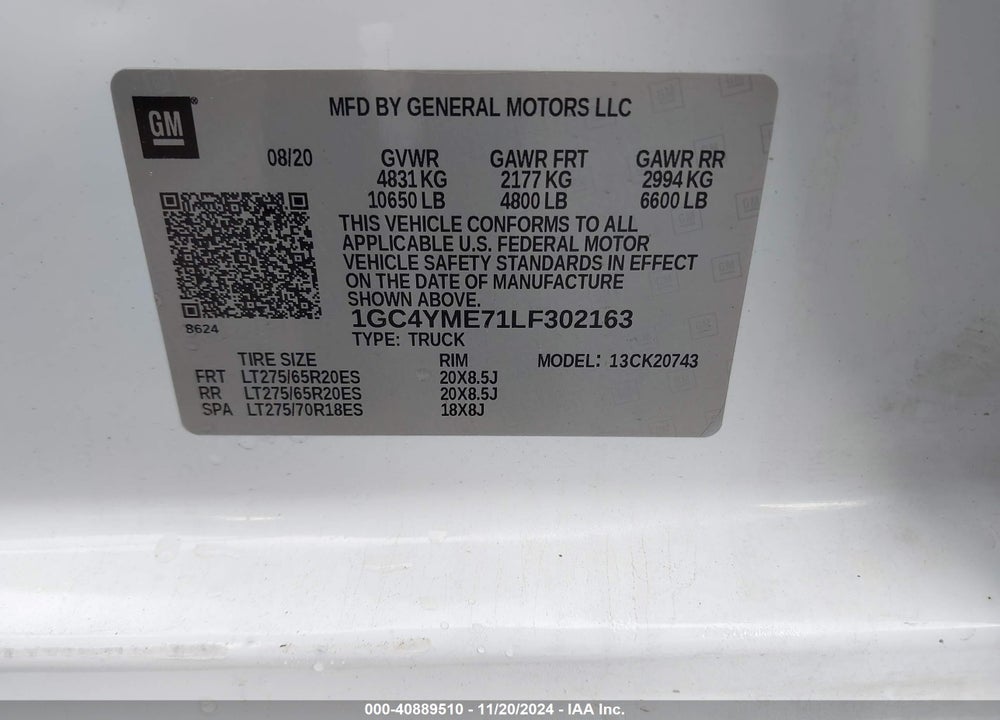 2020 CHEVROLET SILVERADO 2500HD 4WD STANDARD BED CUSTOM VIN: 1GC4YME71LF302163