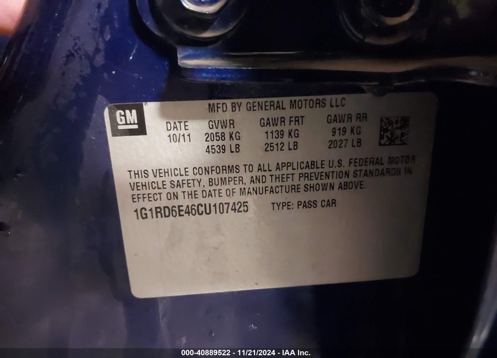 2012 CHEVROLET VOLT VIN: 1G1RD6E46CU107425
