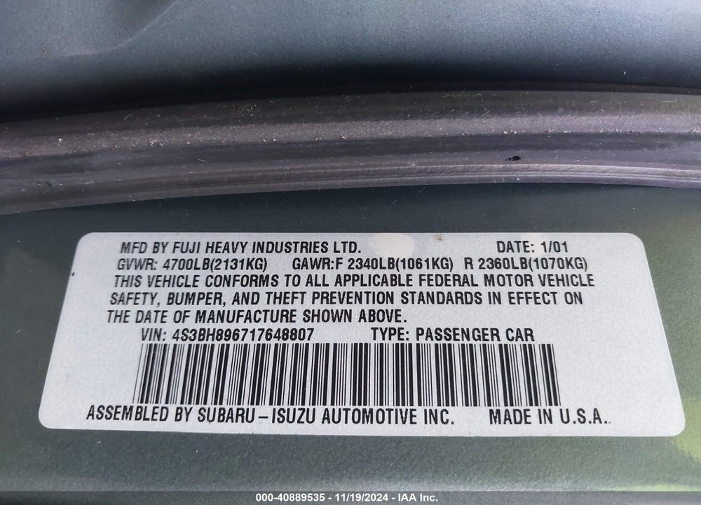 2001 SUBARU OUTBACK H6-3.0 VIN: 4S3BH896717648807