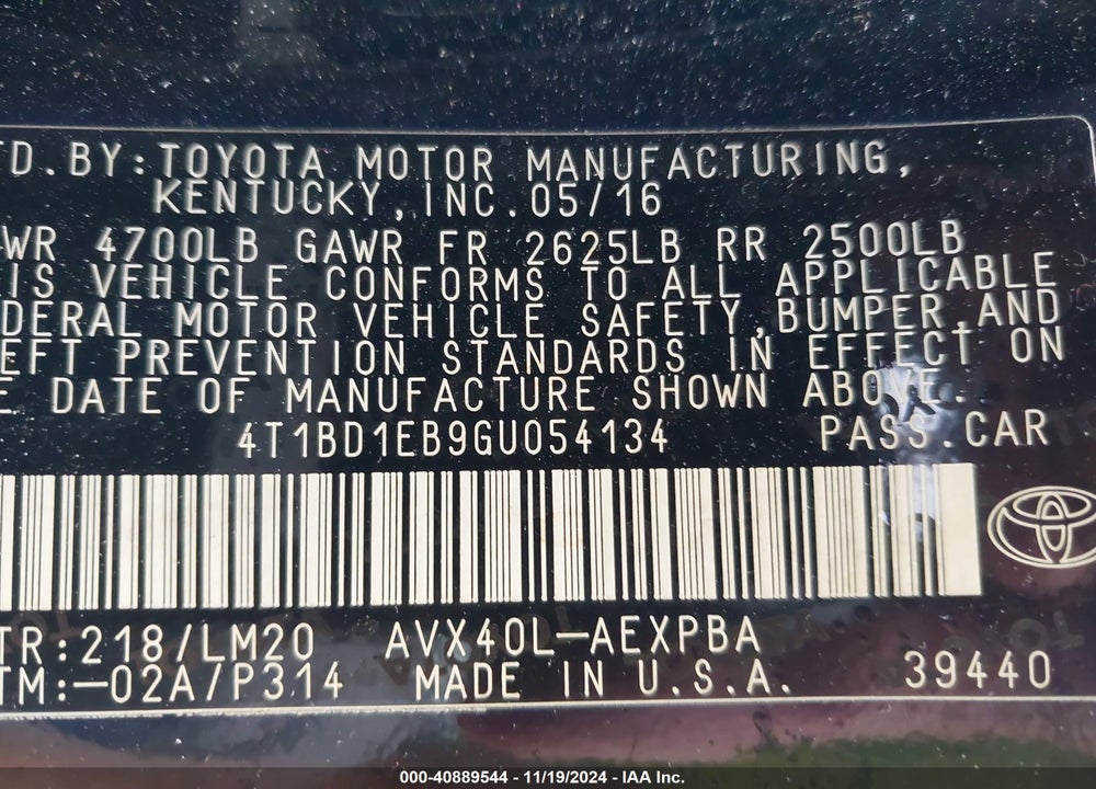 2016 TOYOTA AVALON HYBRID LIMITED VIN: 4T1BD1EB9GU054134