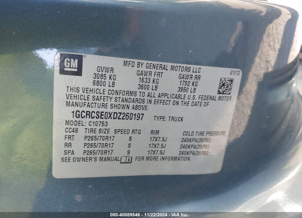 2013 CHEVROLET SILVERADO 1500 LT VIN: 1GCRCSE0XDZ260197