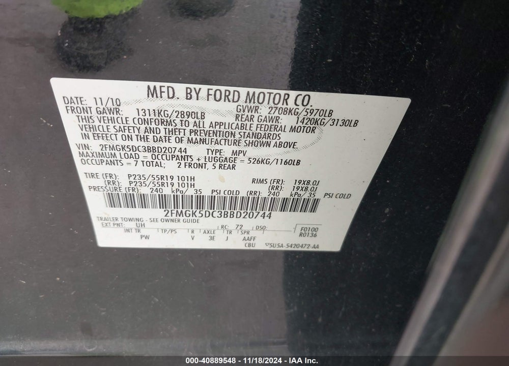 2011 FORD FLEX LIMITED VIN: 2FMGK5DC3BBD20744
