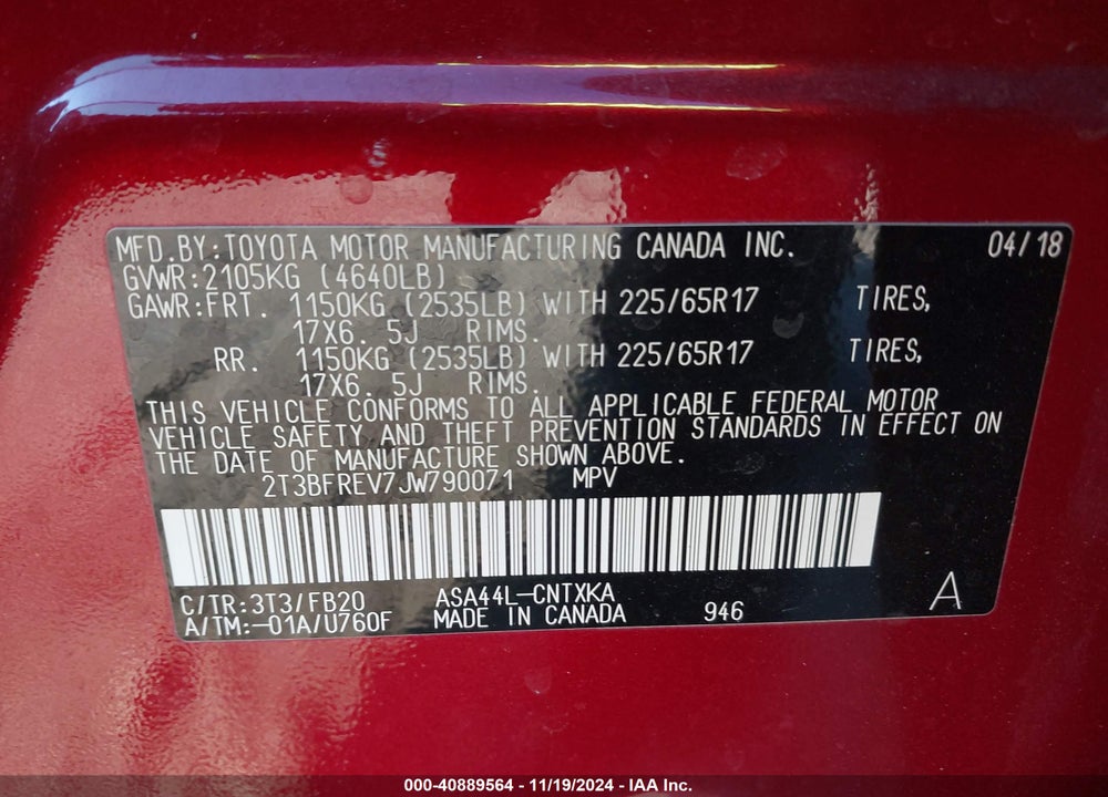 2018 TOYOTA RAV4 LE VIN: 2T3BFREV7JW790071