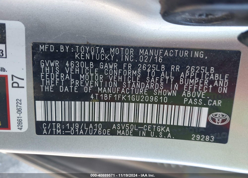 2016 TOYOTA CAMRY XLE VIN: 4T1BF1FK1GU209610