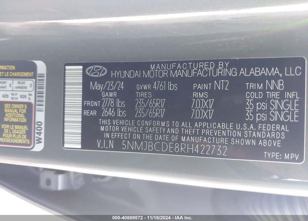 2024 HYUNDAI TUCSON SEL VIN: 5NMJBCDE8RH422732