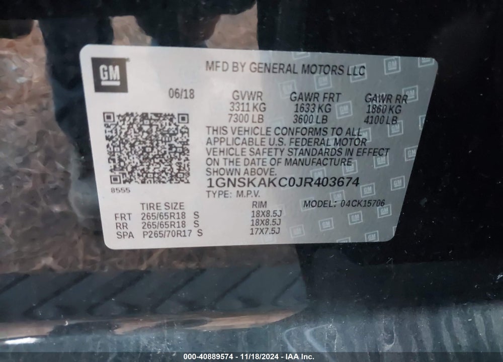 2018 CHEVROLET TAHOE LS VIN: 1GNSKAKC0JR403674