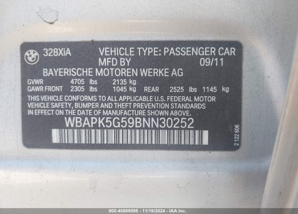 2011 BMW 328 VIN: WBAPK5G59BNN30252