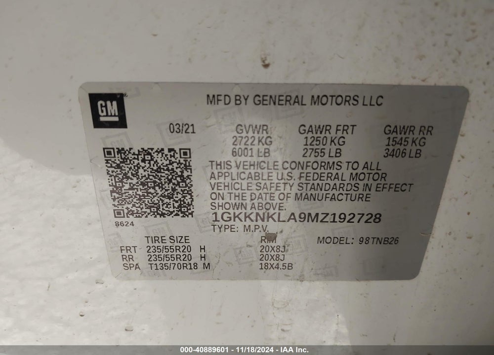 2021 GMC ACADIA FWD SLE VIN: 1GKKNKLA9MZ192728