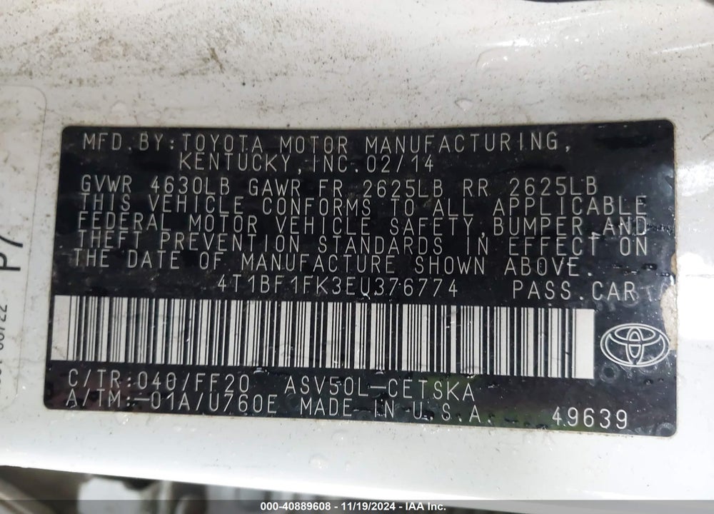 2014 TOYOTA CAMRY SE VIN: 4T1BF1FK3EU376774