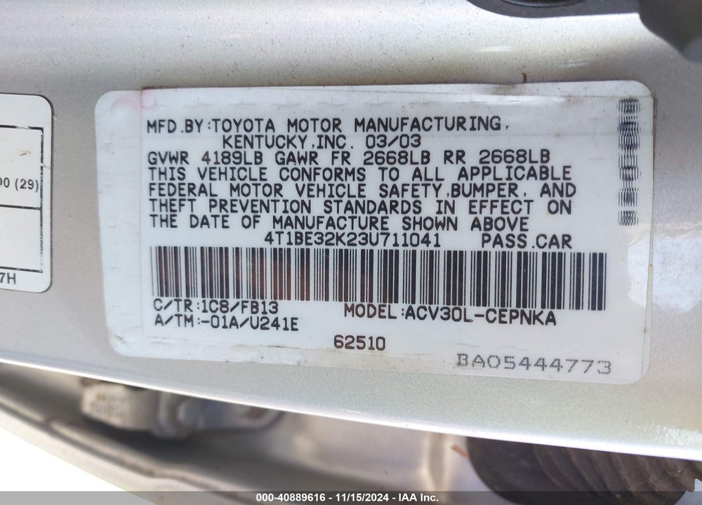 2003 TOYOTA CAMRY LE VIN: 4T1BE32K23U711041