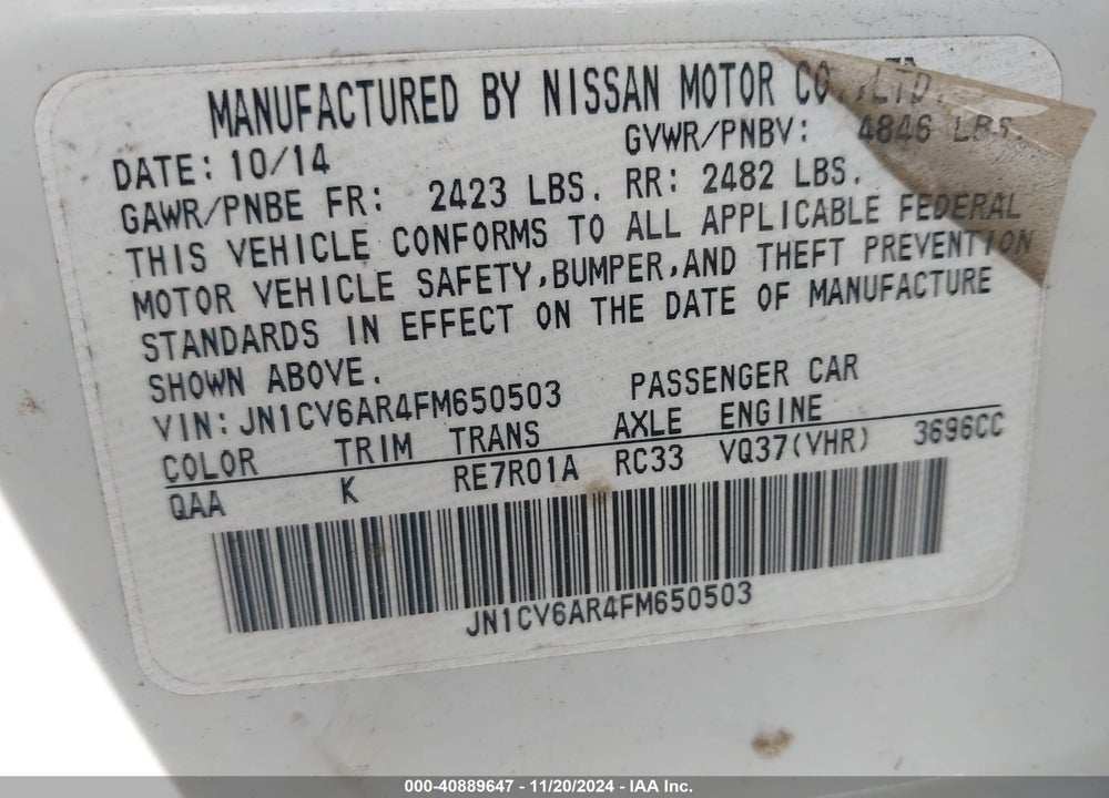 2015 INFINITI Q40 VIN: JN1CV6AR4FM650503