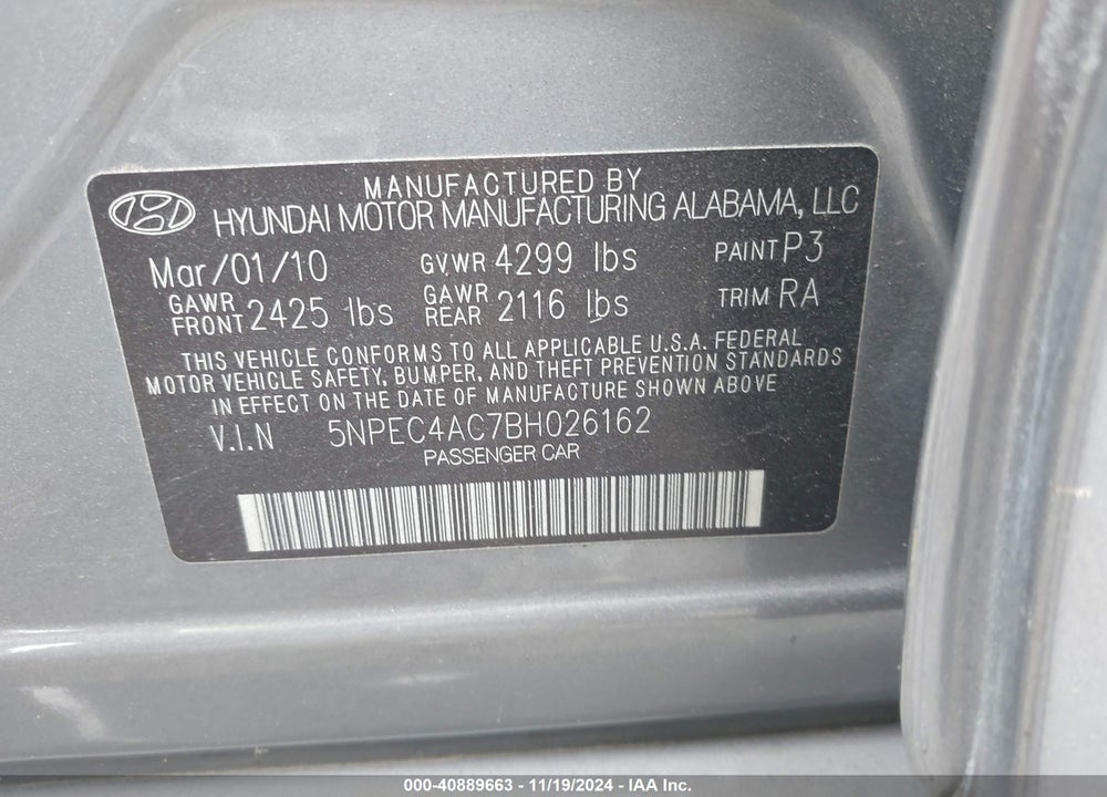2011 HYUNDAI SONATA LIMITED VIN: 5NPEC4AC7BH026162