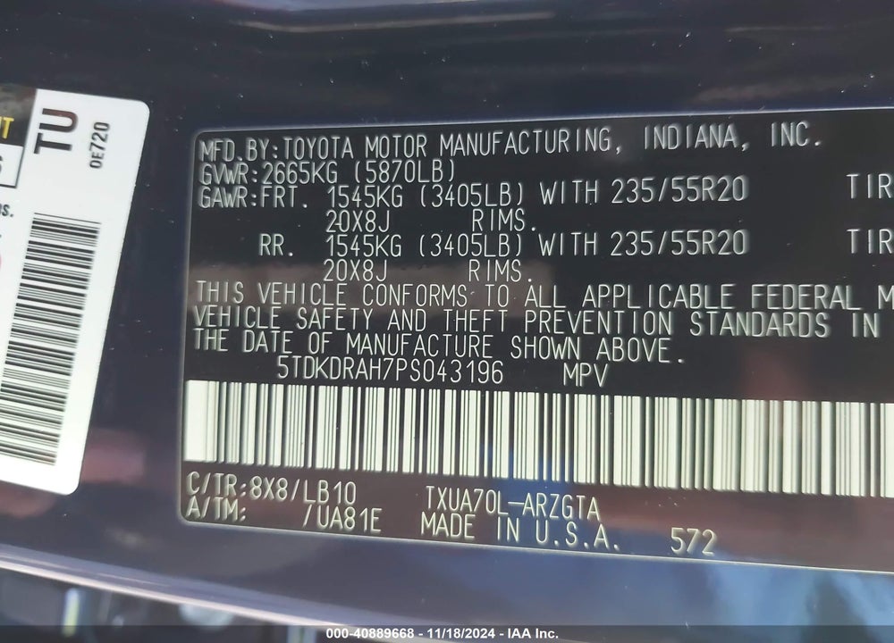 2023 TOYOTA HIGHLANDER LIMITED VIN: 5TDKDRAH7PS043196