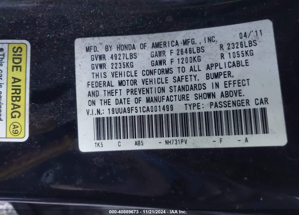2012 ACURA TL 3.7 VIN: 19UUA9F51CA001499