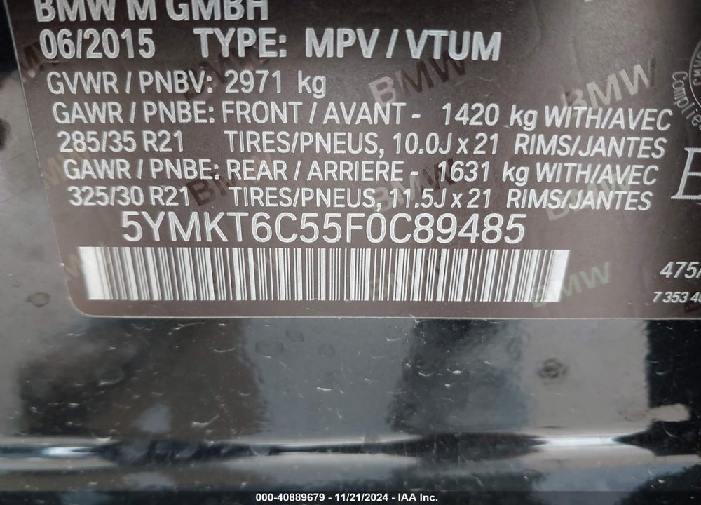 2015 BMW X5 M VIN: 5YMKT6C55F0C89485