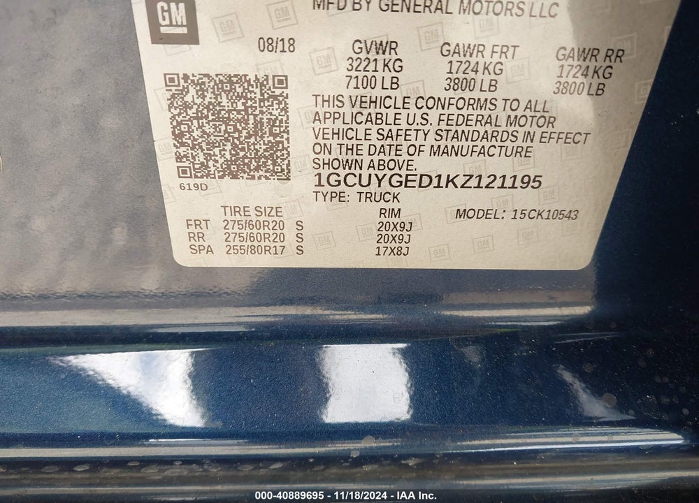 2019 CHEVROLET SILVERADO 1500 LTZ VIN: 1GCUYGED1KZ121195