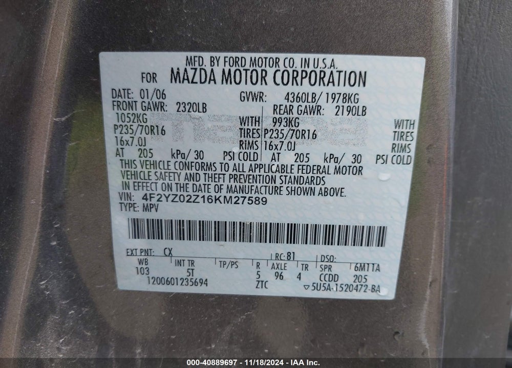2006 MAZDA TRIBUTE I VIN: 4F2YZ02Z16KM27589