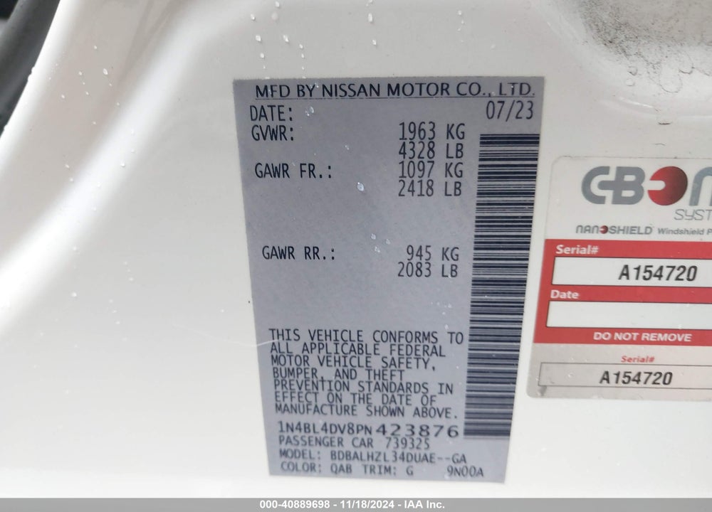 2023 NISSAN ALTIMA SV FWD VIN: 1N4BL4DV8PN423876