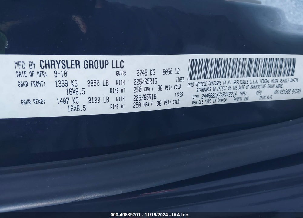 2010 CHRYSLER TOWN & COUNTRY TOURING PLUS VIN: 2A4RR8DX7AR442214